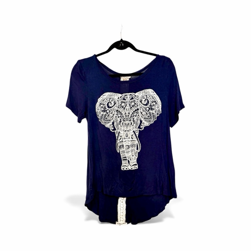 mccnchild Navy Elephant Rhinestone Graphic Top with Crochet Back Sz L